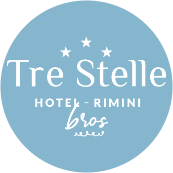 Logo elegante blu con testo 'Tre Stelle Hotel - Rimini', evocando lusso e tranquillità.